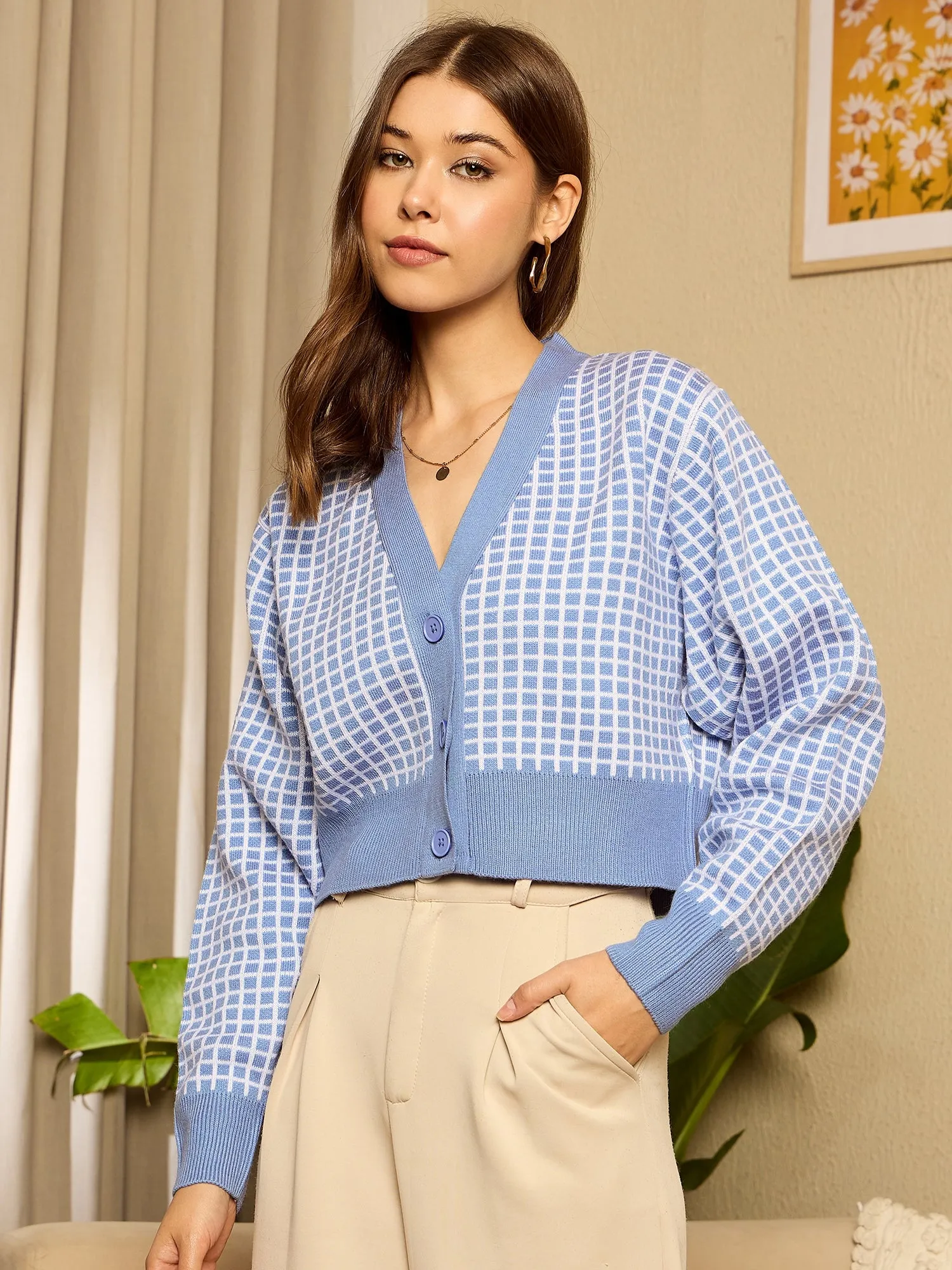 Berrylush Women Blue Checked V-Neck Full Sleeve Front Open Crop Cardigan