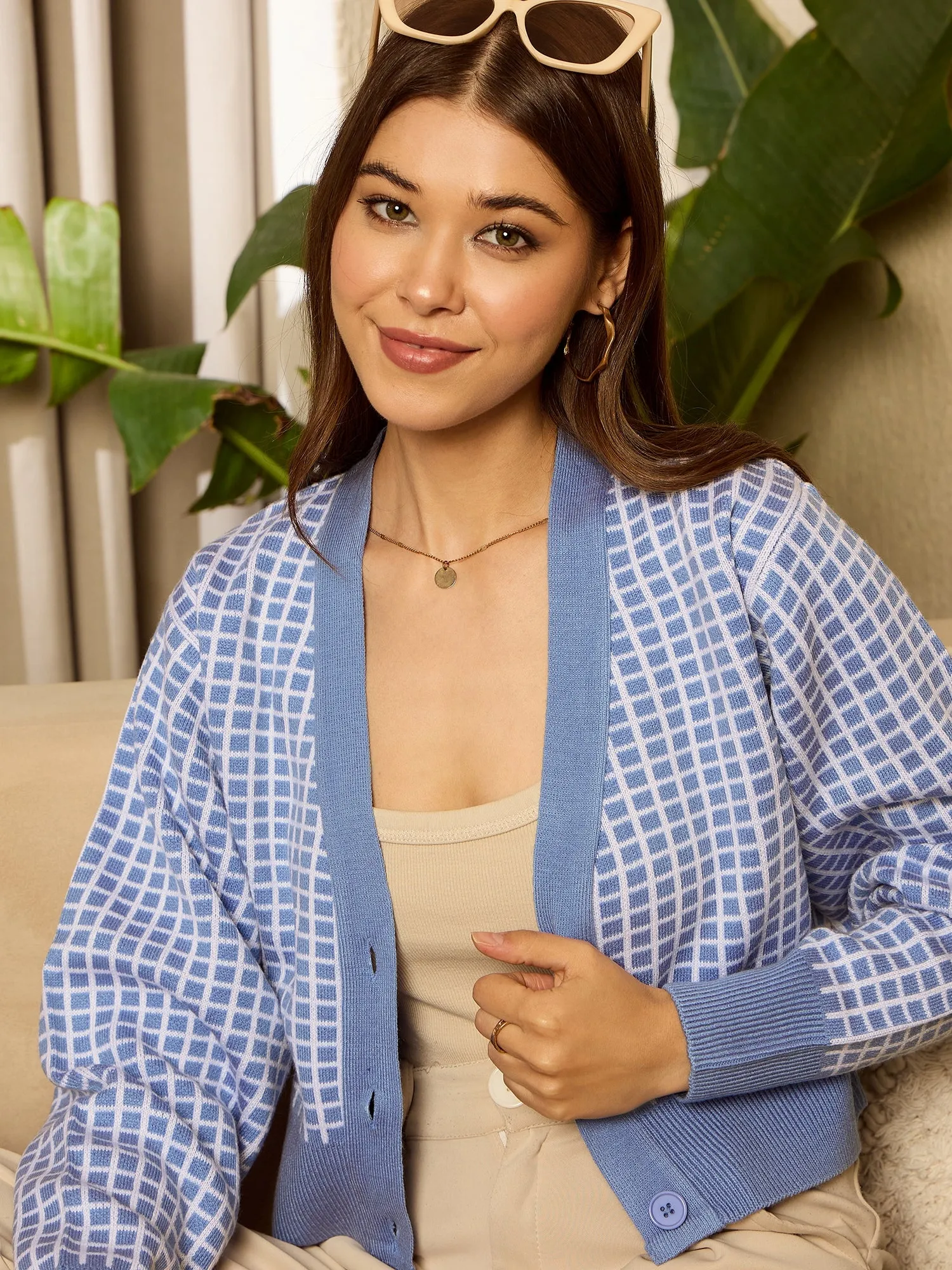 Berrylush Women Blue Checked V-Neck Full Sleeve Front Open Crop Cardigan