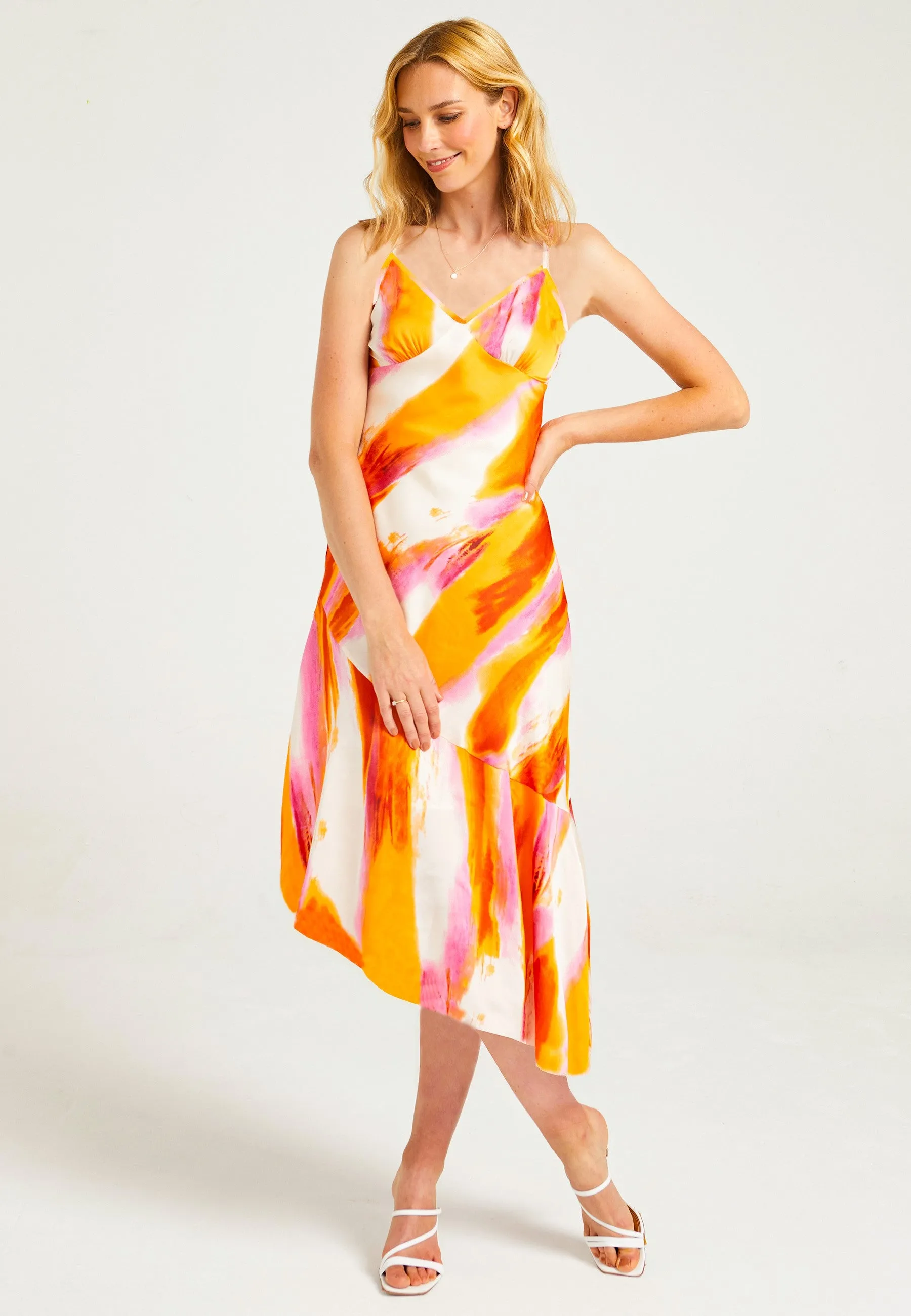 Bias Hem Cami Dress In Multi Abstract Print