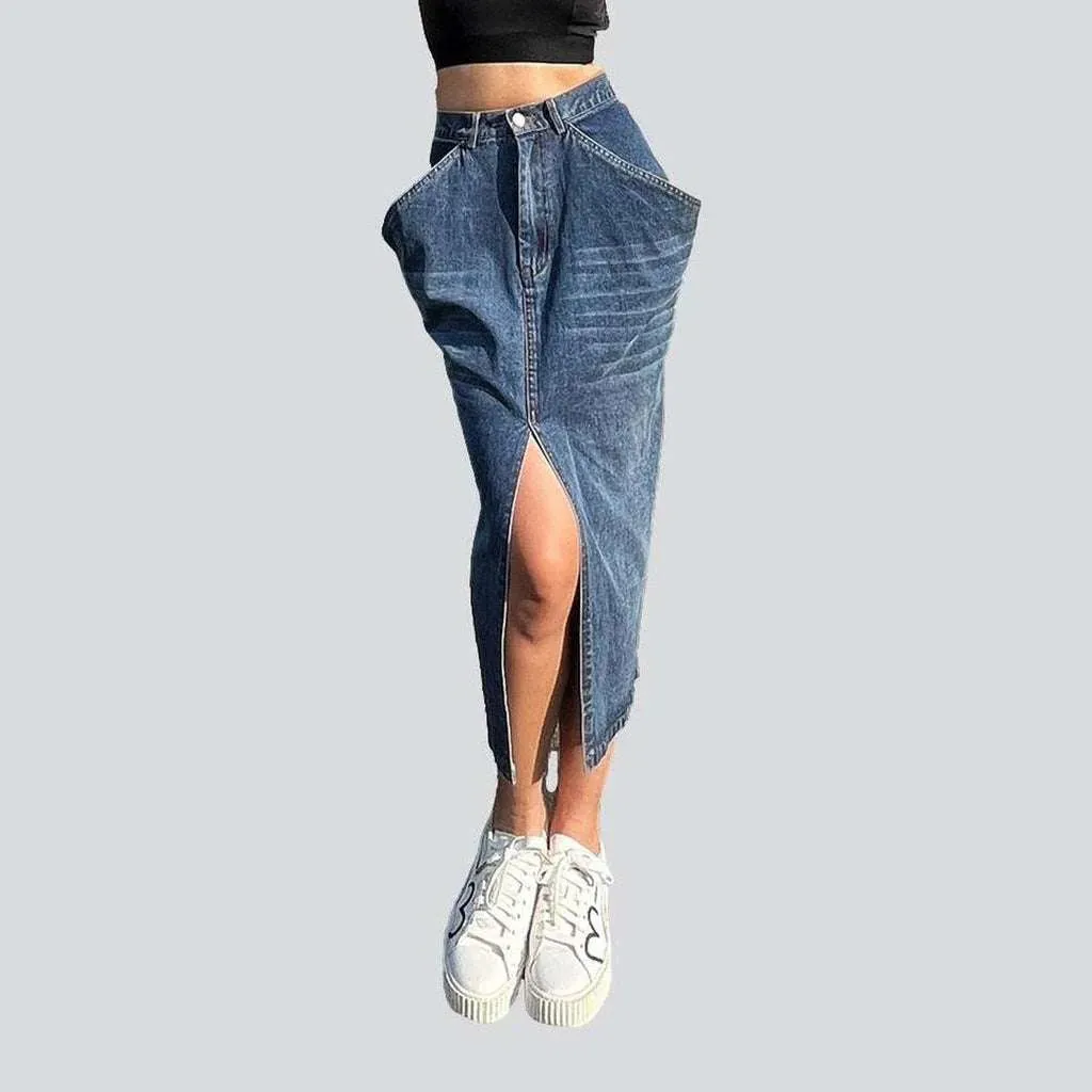 Big pocket long denim skirt