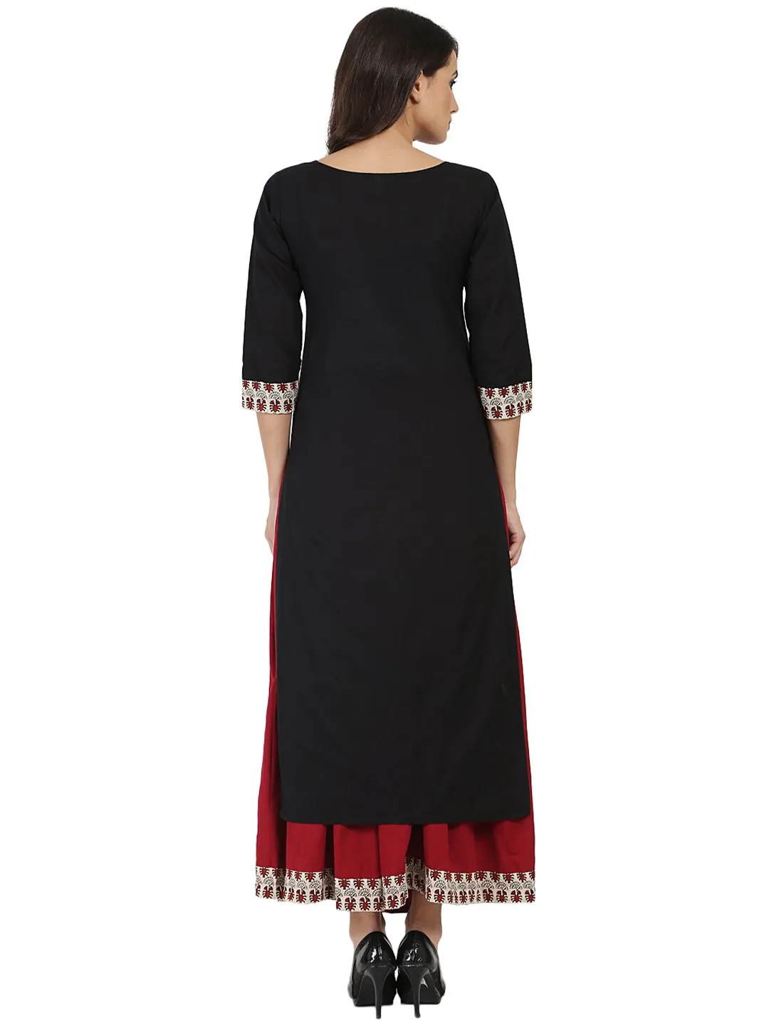 Black 3/4Th Sleeve Cotton Kurta With Maroon Flared Skirt