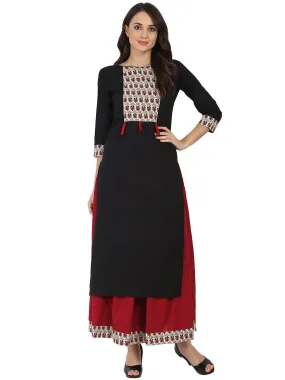 Black 3/4Th Sleeve Cotton Kurta With Maroon Flared Skirt