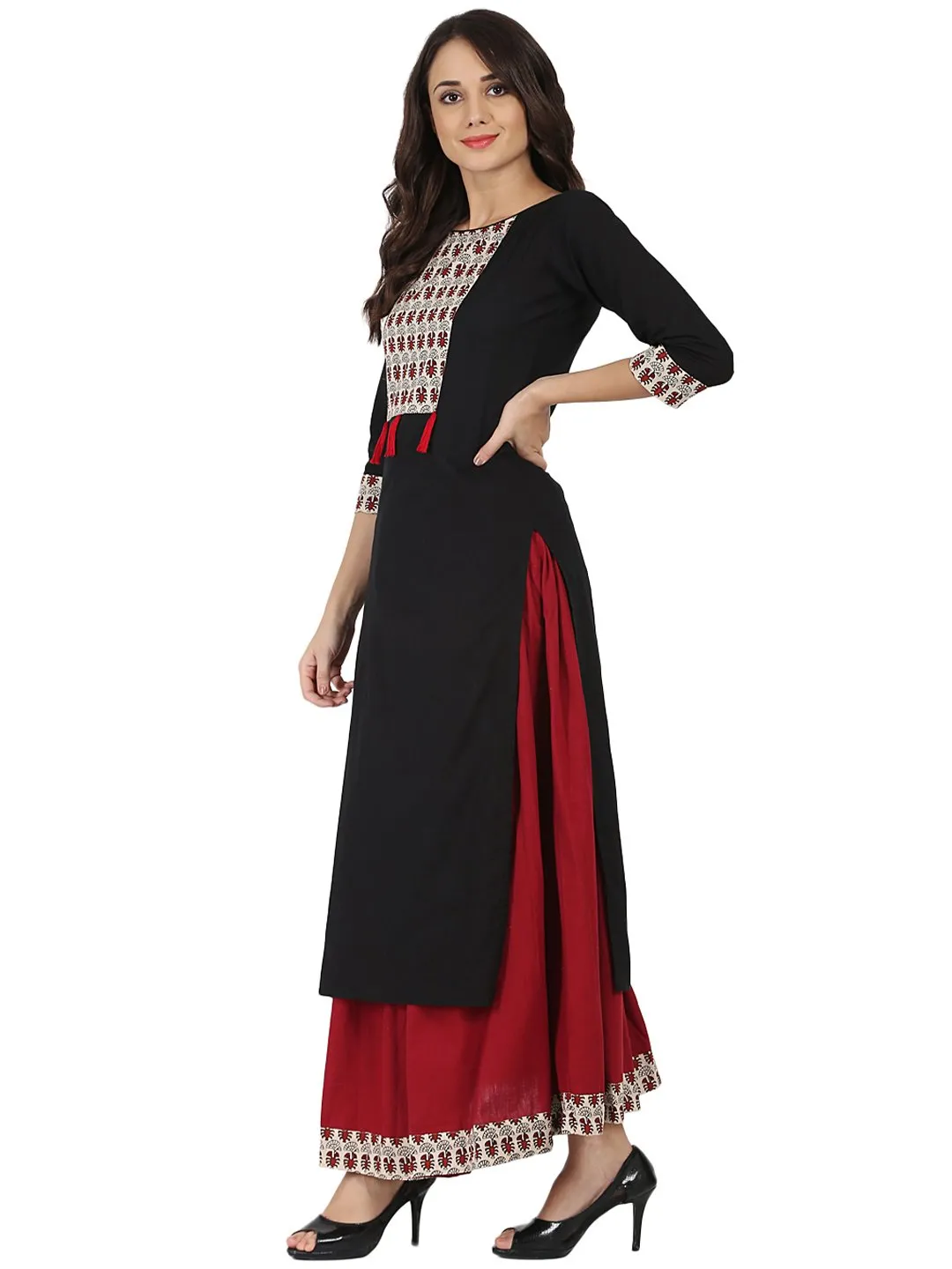 Black 3/4Th Sleeve Cotton Kurta With Maroon Flared Skirt