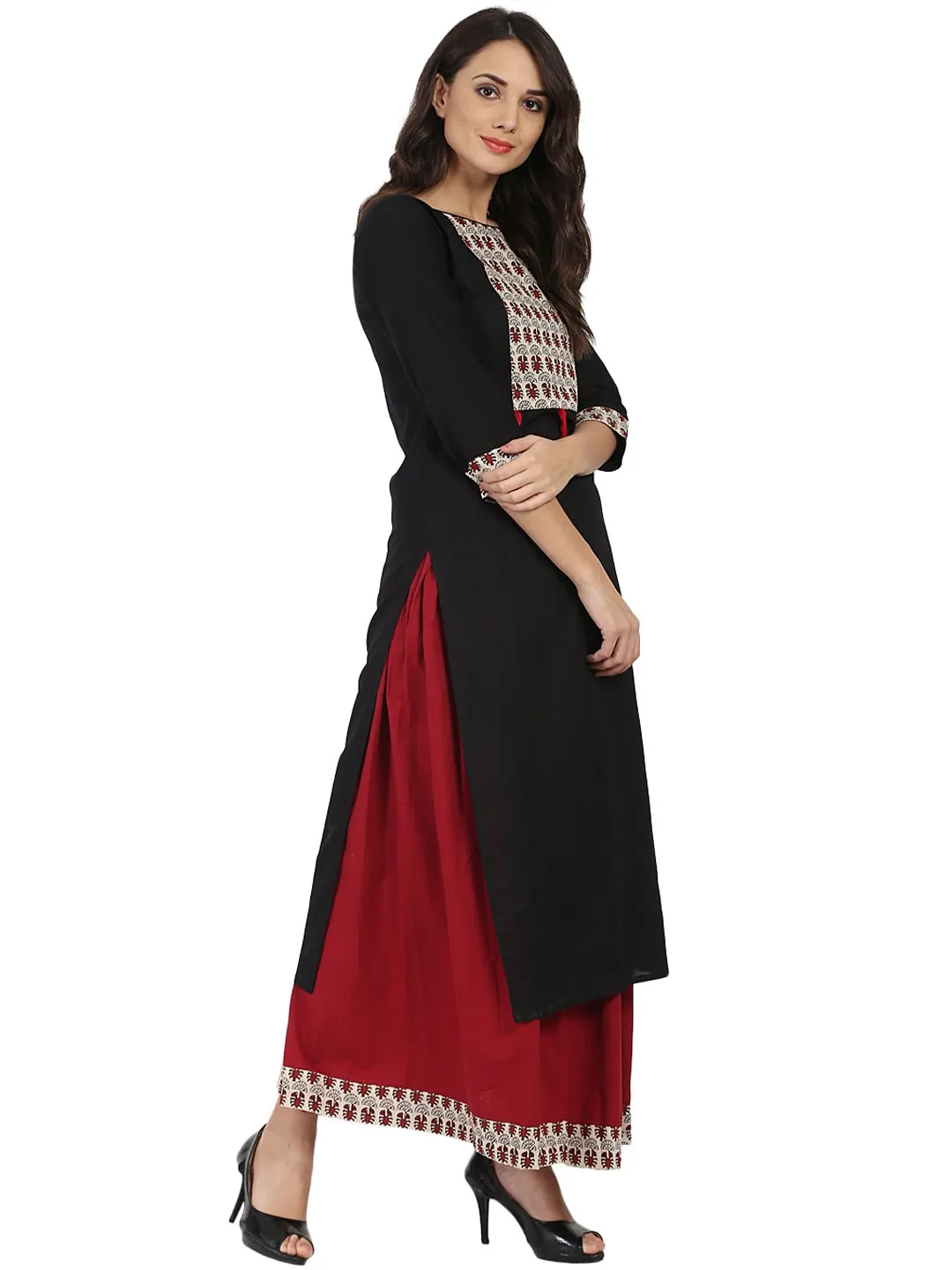 Black 3/4Th Sleeve Cotton Kurta With Maroon Flared Skirt