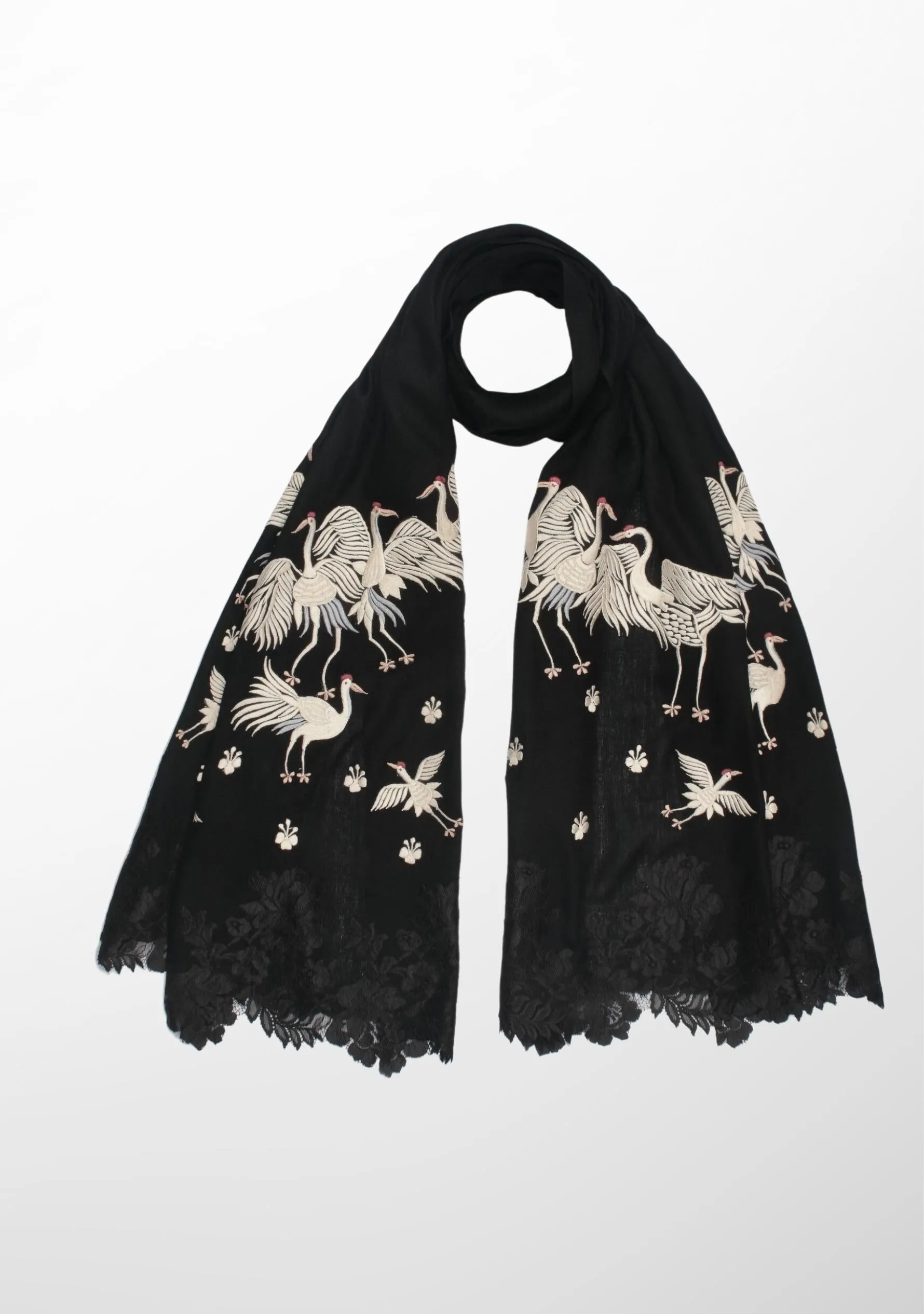 Black Cashmere Scarf with Beige Embroidery and Black Chantilly Lace Pallas