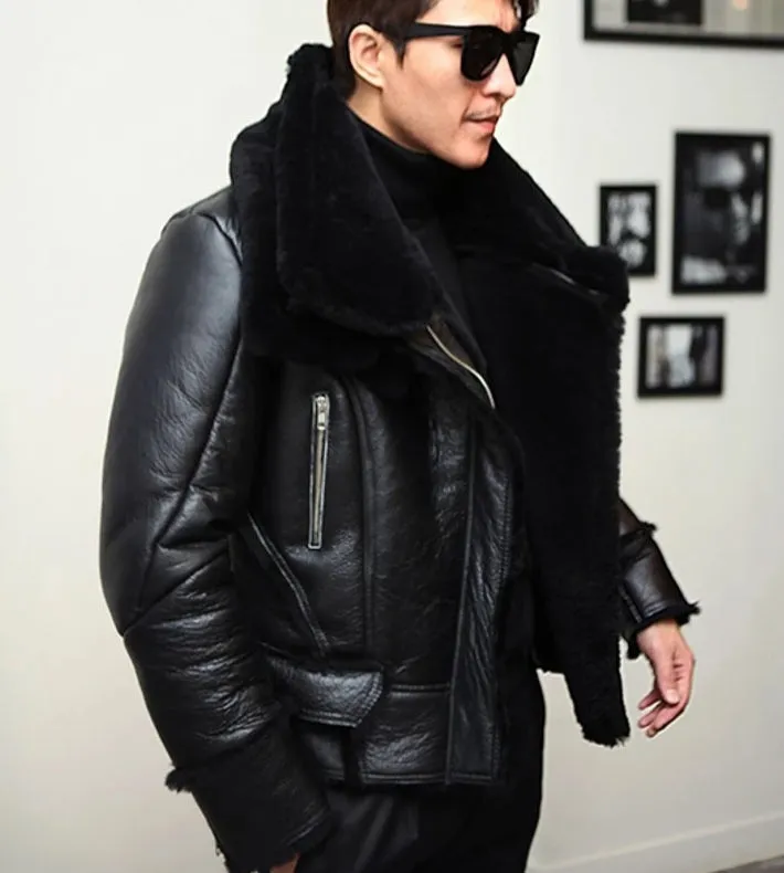 Black Genuine Leather Real Sherling Fur Lining Moto Jacket