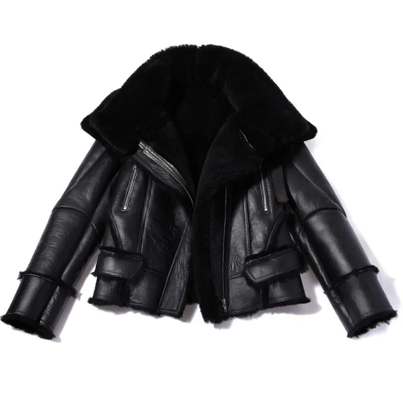 Black Genuine Leather Real Sherling Fur Lining Moto Jacket