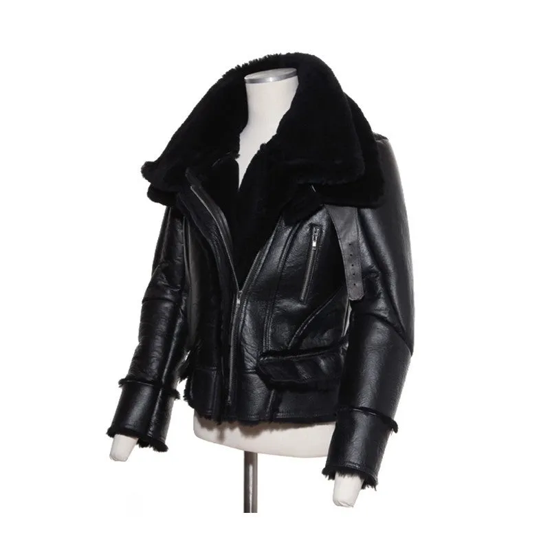 Black Genuine Leather Real Sherling Fur Lining Moto Jacket