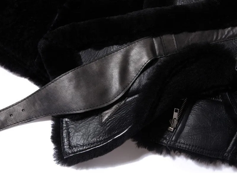 Black Genuine Leather Real Sherling Fur Lining Moto Jacket