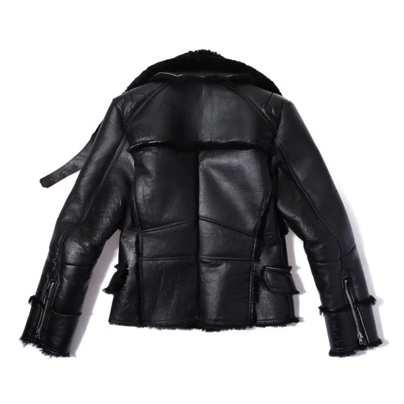 Black Genuine Leather Real Sherling Fur Lining Moto Jacket