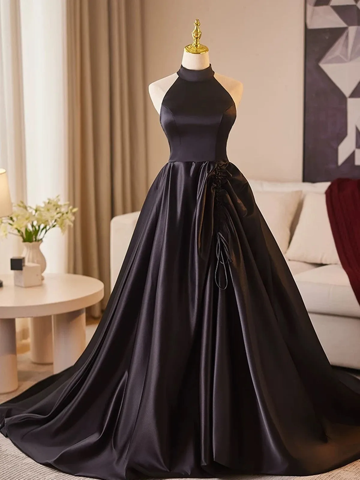 Black Halter Satin A-line Simple Style Prom Dress, Black Satin Party Dress