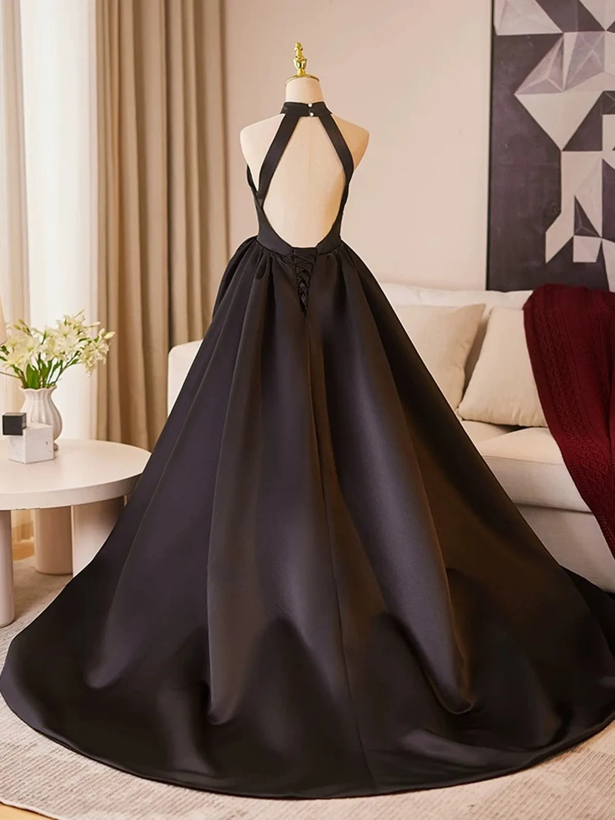 Black Halter Satin A-line Simple Style Prom Dress, Black Satin Party Dress