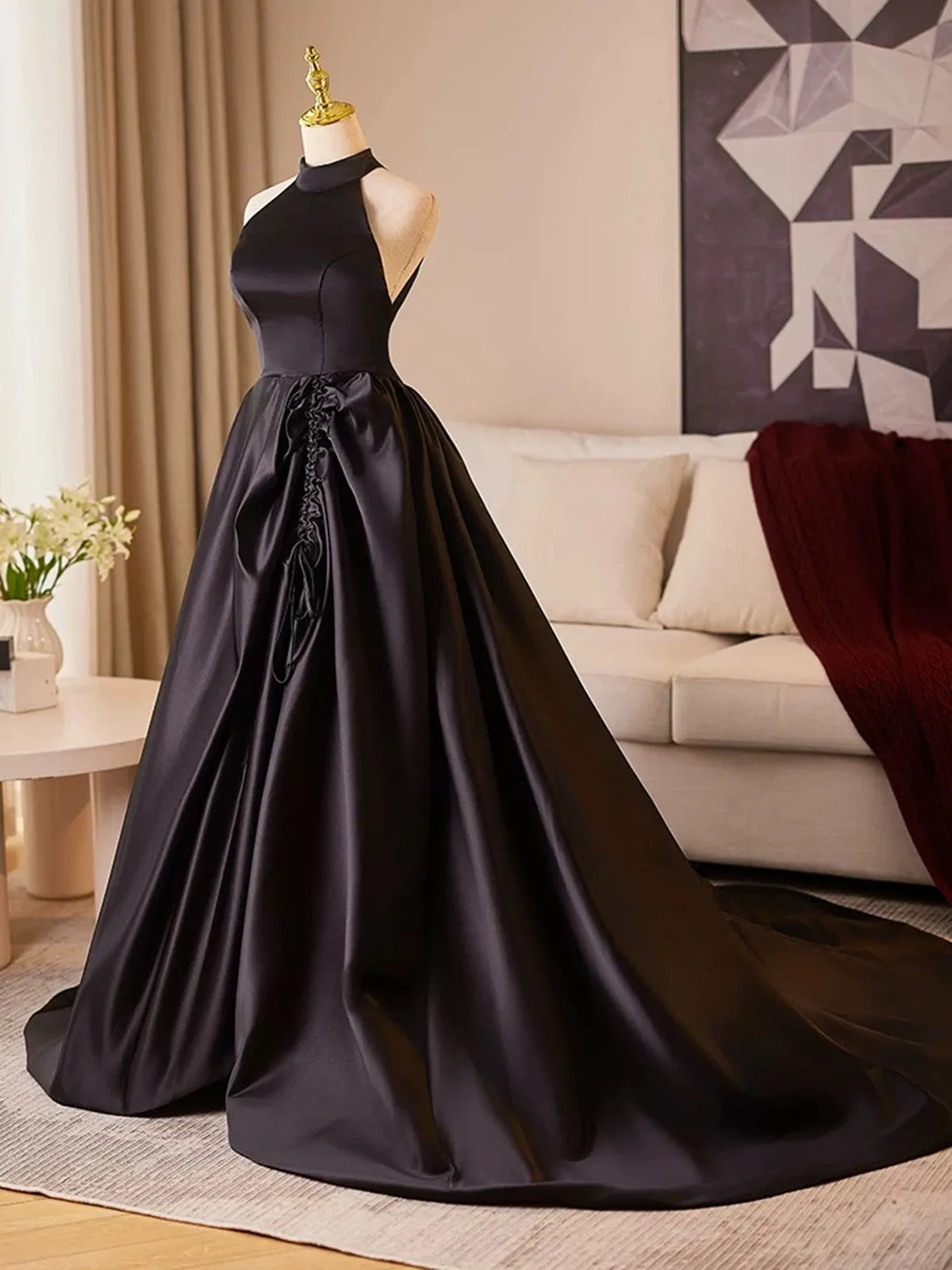 Black Halter Satin A-line Simple Style Prom Dress, Black Satin Party Dress