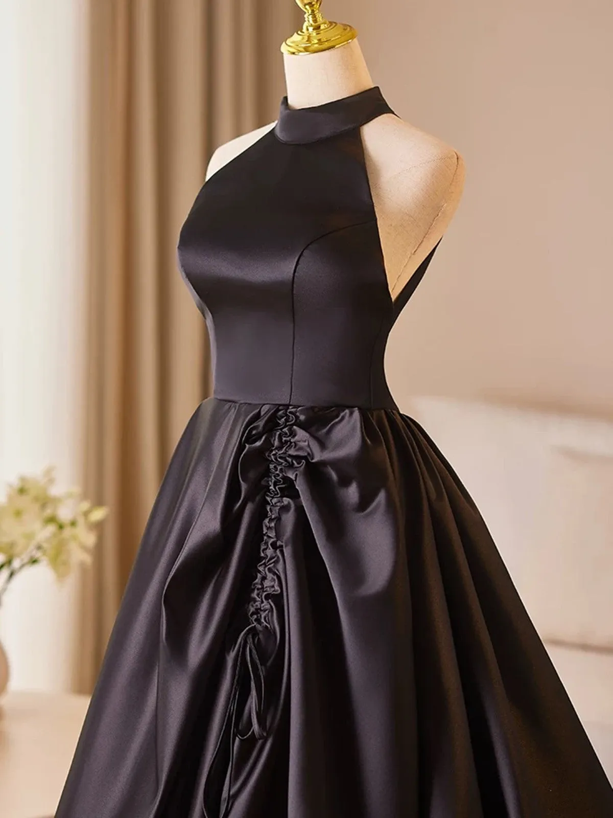 Black Halter Satin A-line Simple Style Prom Dress, Black Satin Party Dress