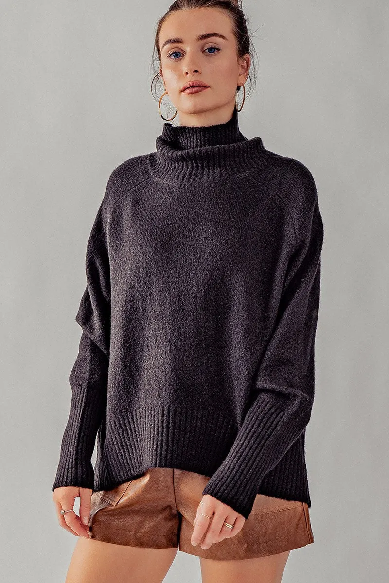 Black High Turtle Neck Drop Shoulder Knit Top