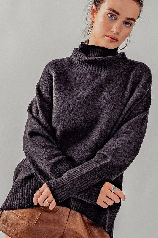 Black High Turtle Neck Drop Shoulder Knit Top