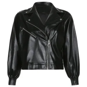 Black lapel loose leather jacket