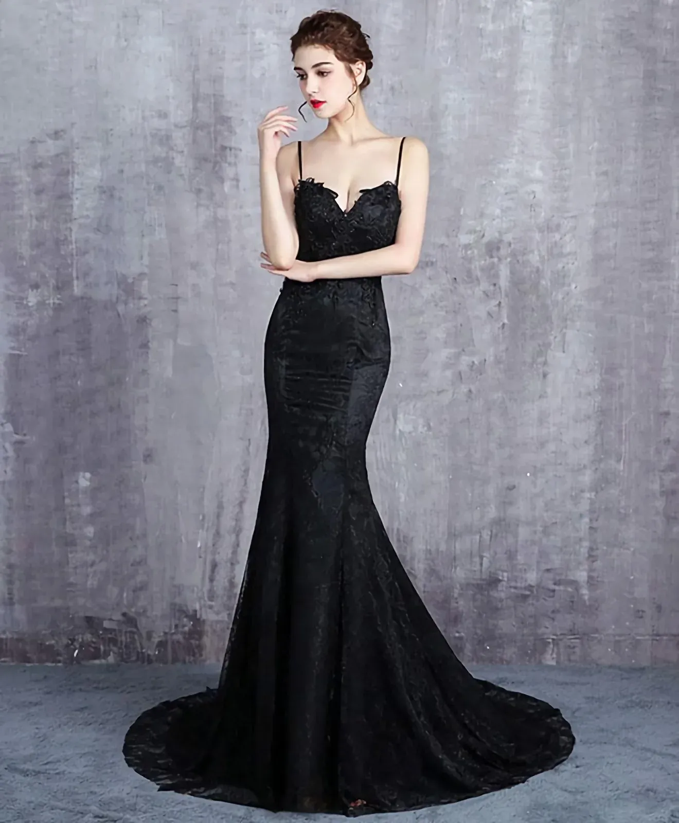 Black Mermaid Lace Straps Sweetheart Party Dress, Black Mermaid Long Formal Dress