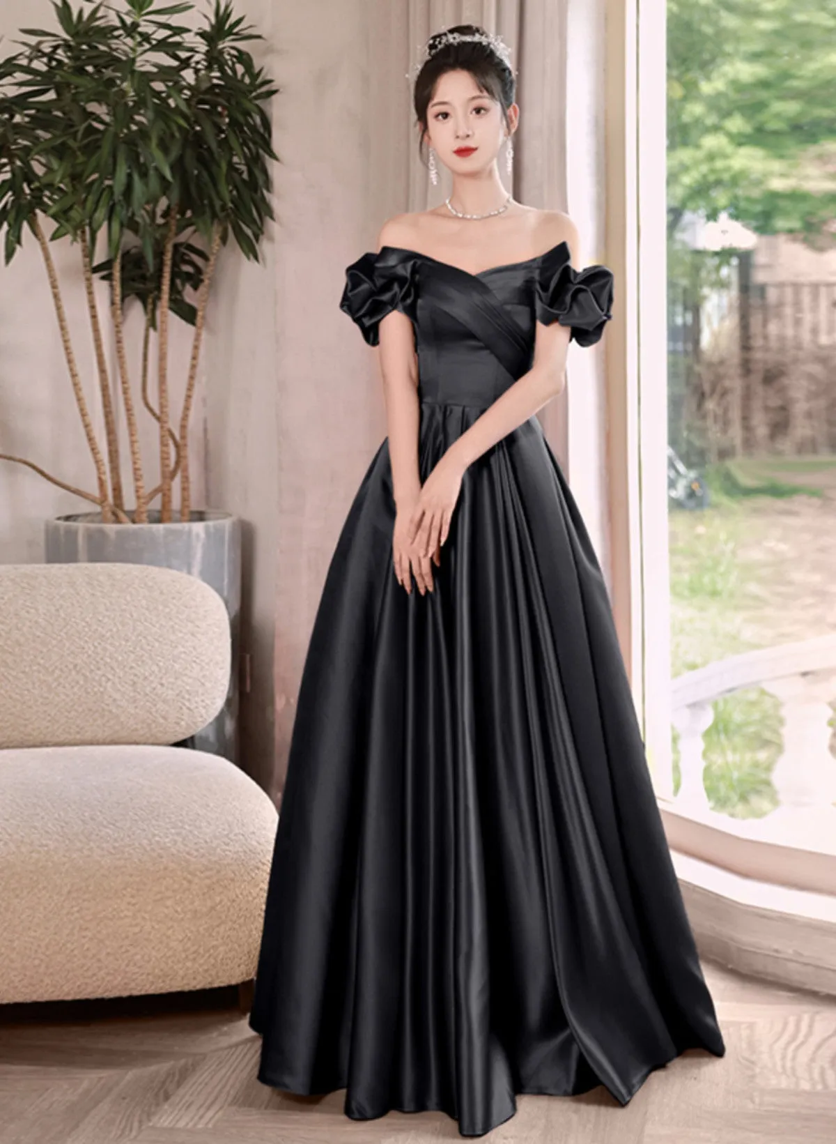 Black Satin Off Shoulder Long Formal Dress Evening Dress, Black Satin Prom Dress