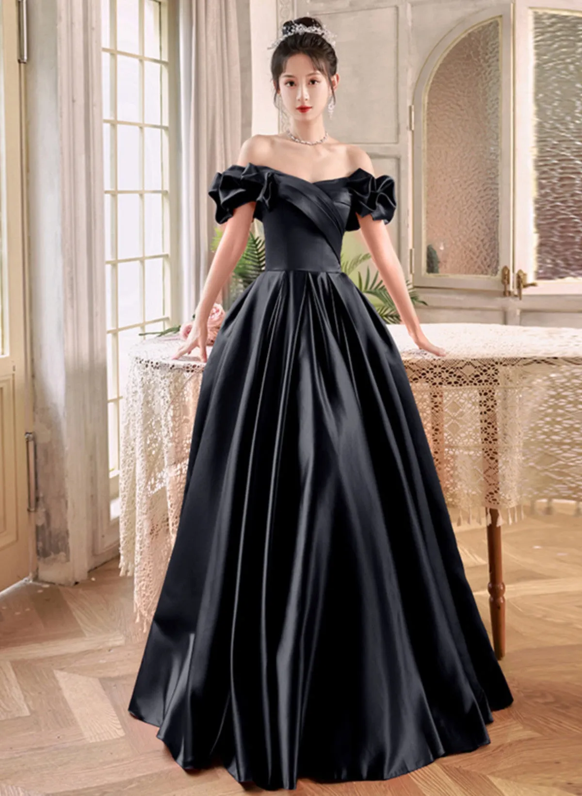 Black Satin Off Shoulder Long Formal Dress Evening Dress, Black Satin Prom Dress