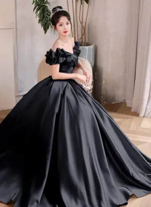 Black Satin Off Shoulder Long Formal Dress Evening Dress, Black Satin Prom Dress