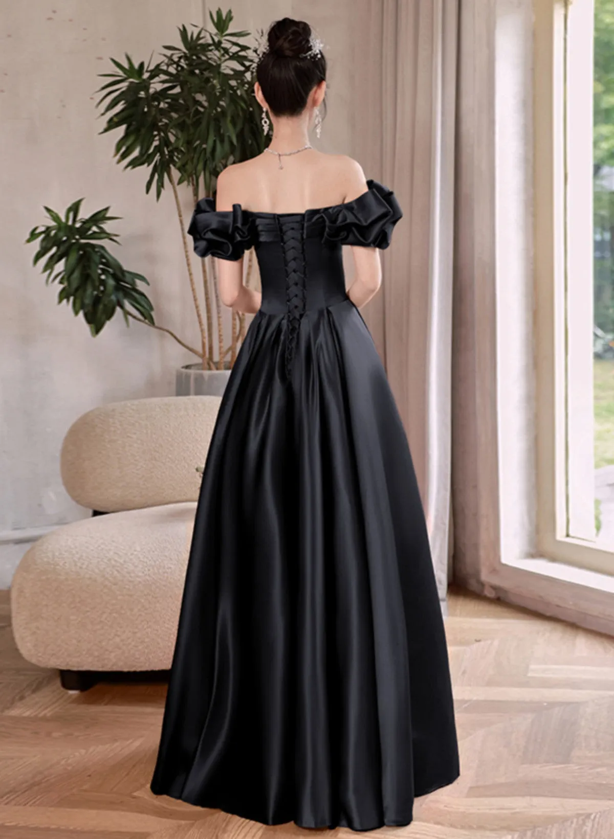 Black Satin Off Shoulder Long Formal Dress Evening Dress, Black Satin Prom Dress