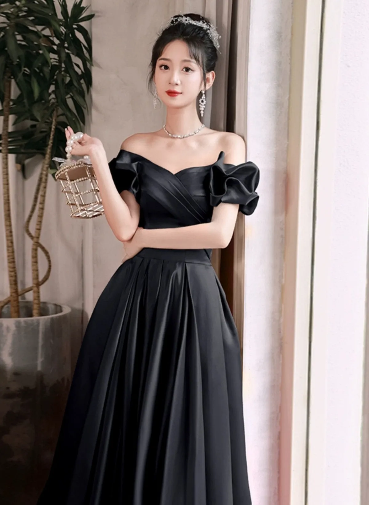 Black Satin Off Shoulder Long Formal Dress Evening Dress, Black Satin Prom Dress