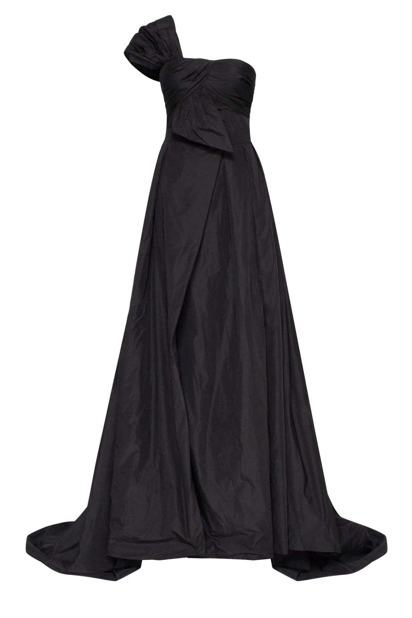 Black taffeta evening gown with a high slit and one-shoulder wrap top