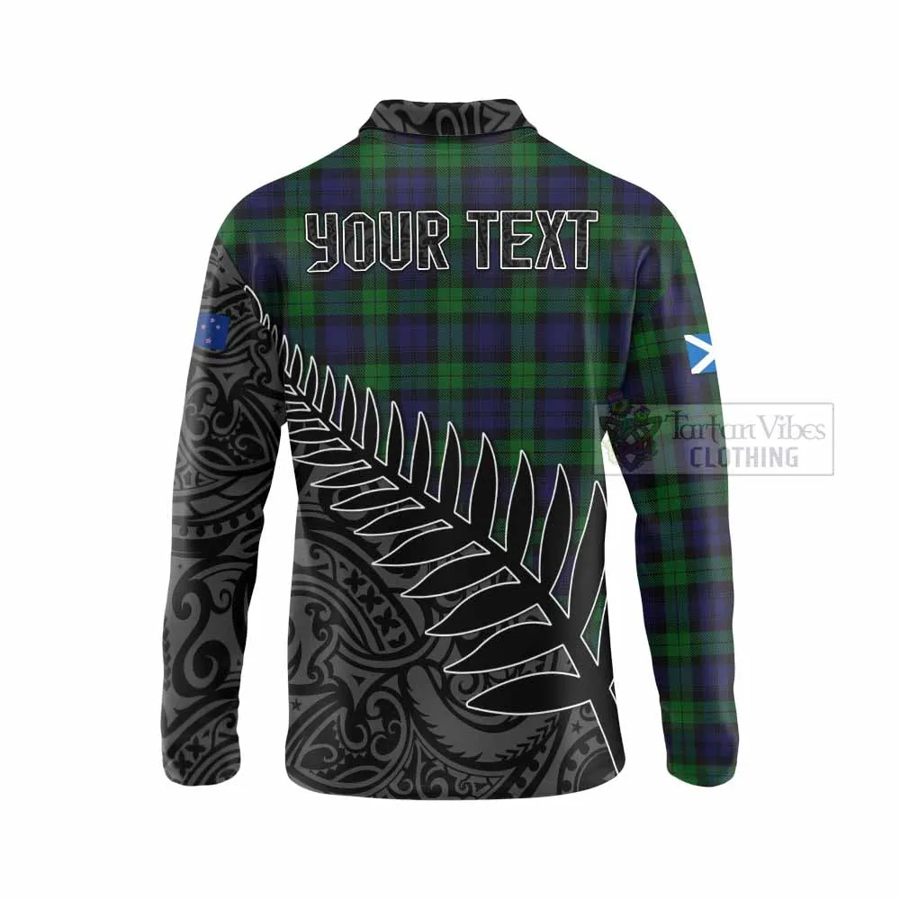 Black Watch Crest Tartan Long Sleeve Polo Shirt with New Zealand Silver Fern Half Style