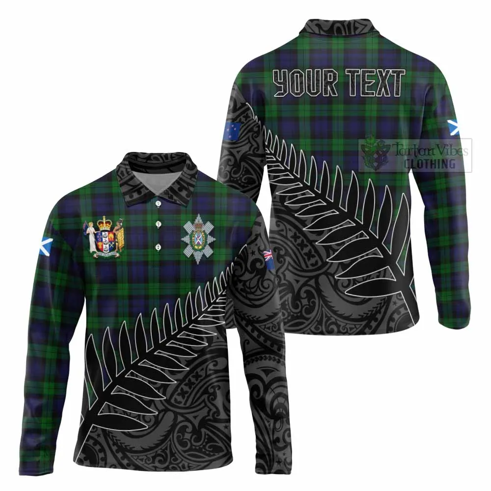 Black Watch Crest Tartan Long Sleeve Polo Shirt with New Zealand Silver Fern Half Style