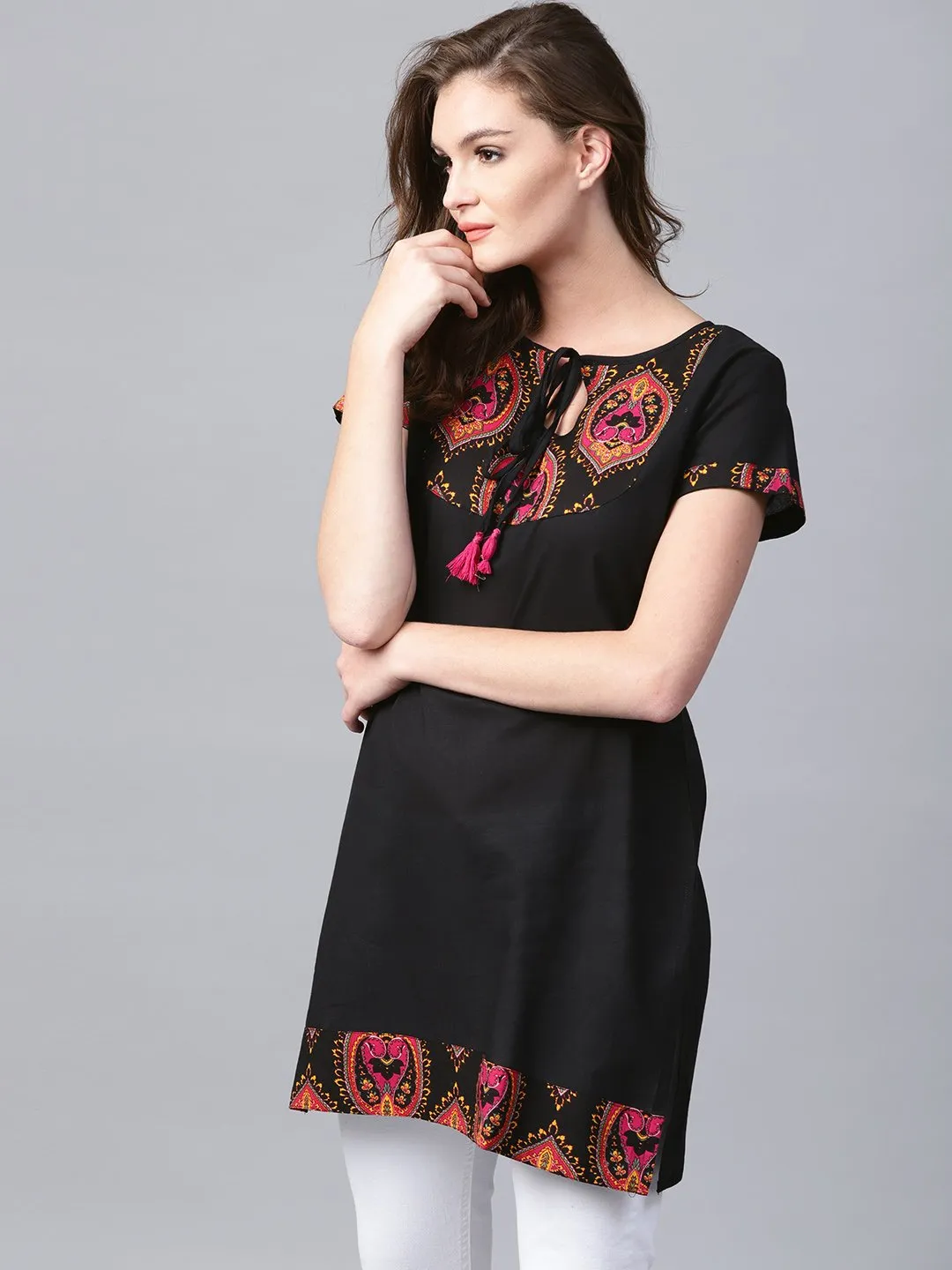 Black Yoke Printed Half Sleeve Cotton Tunic