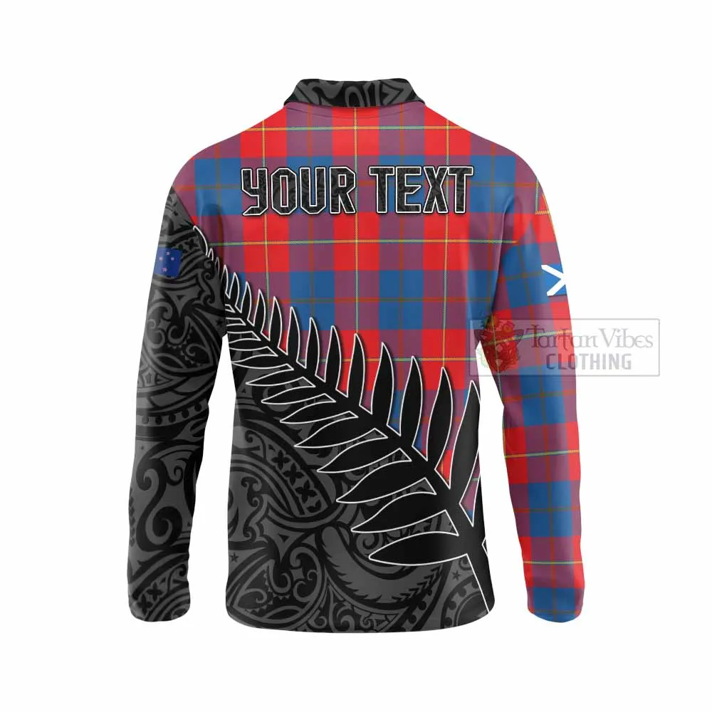 Blane Crest Tartan Long Sleeve Polo Shirt with New Zealand Silver Fern Half Style