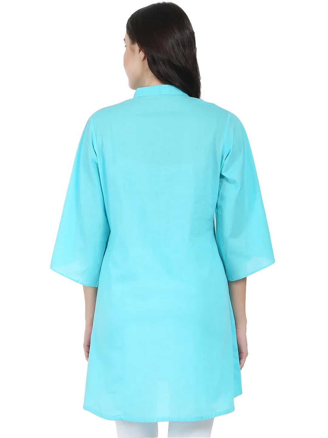 Blue 3/4Th Flared Sleeve Cotton A-Line Tunic With Pleat Work At Yoke