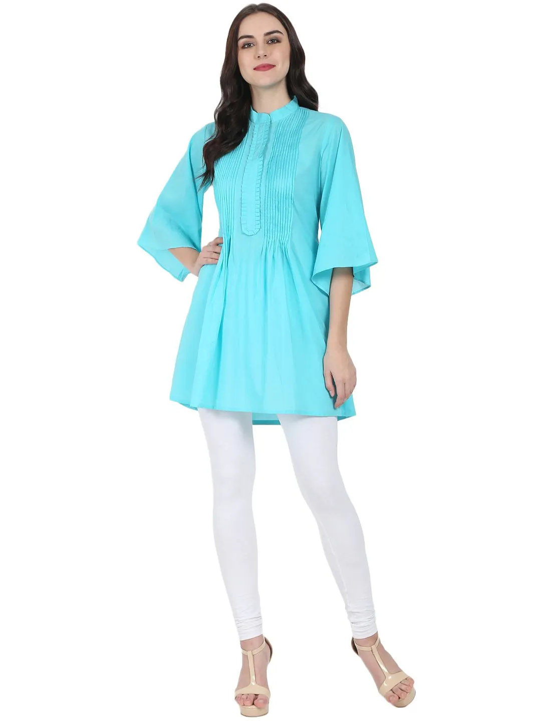 Blue 3/4Th Flared Sleeve Cotton A-Line Tunic With Pleat Work At Yoke