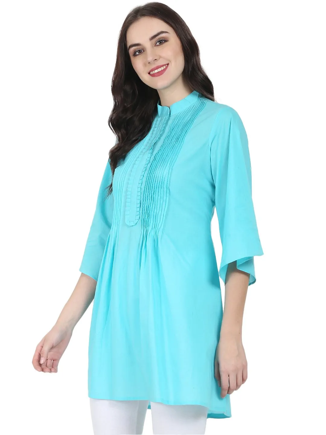 Blue 3/4Th Flared Sleeve Cotton A-Line Tunic With Pleat Work At Yoke