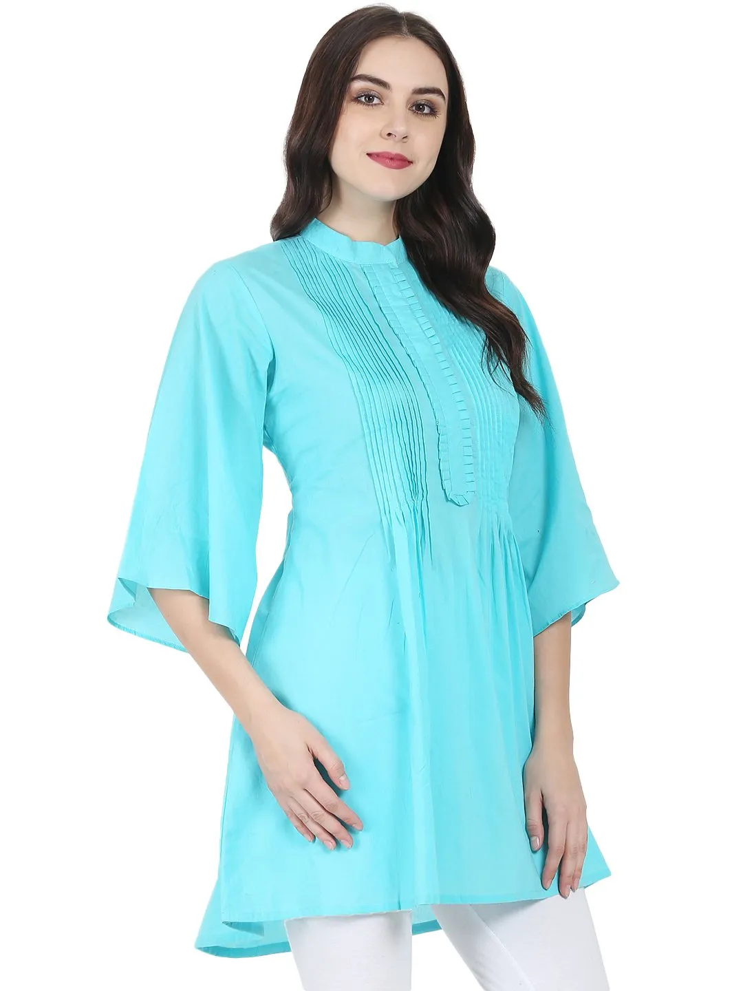 Blue 3/4Th Flared Sleeve Cotton A-Line Tunic With Pleat Work At Yoke