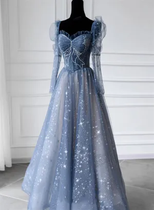 Blue Beaded Long Sleeves A-line Tulle Prom Dress, Blue Floor Length Party Dress