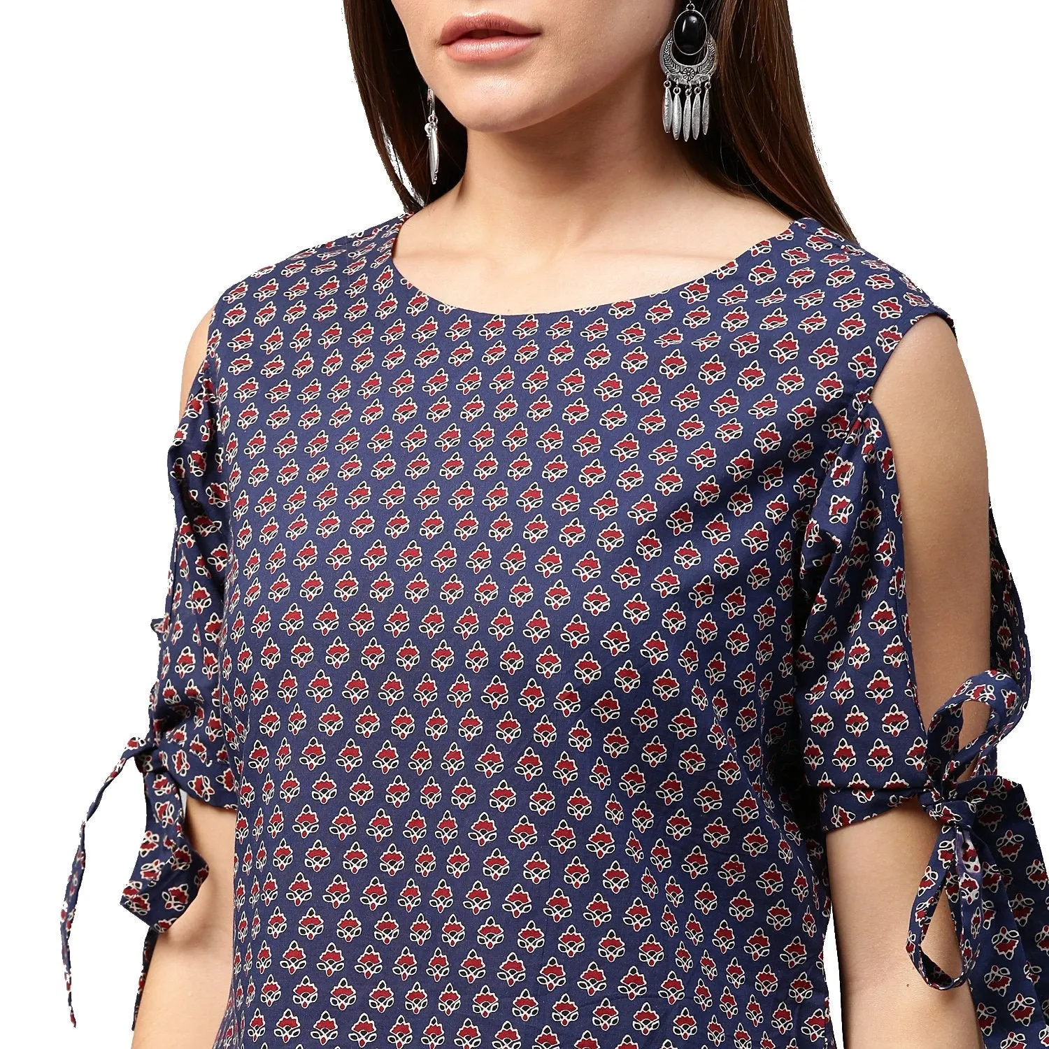 Blue Printed Half Sleeve With Cold Shoulder Cotton Tunic