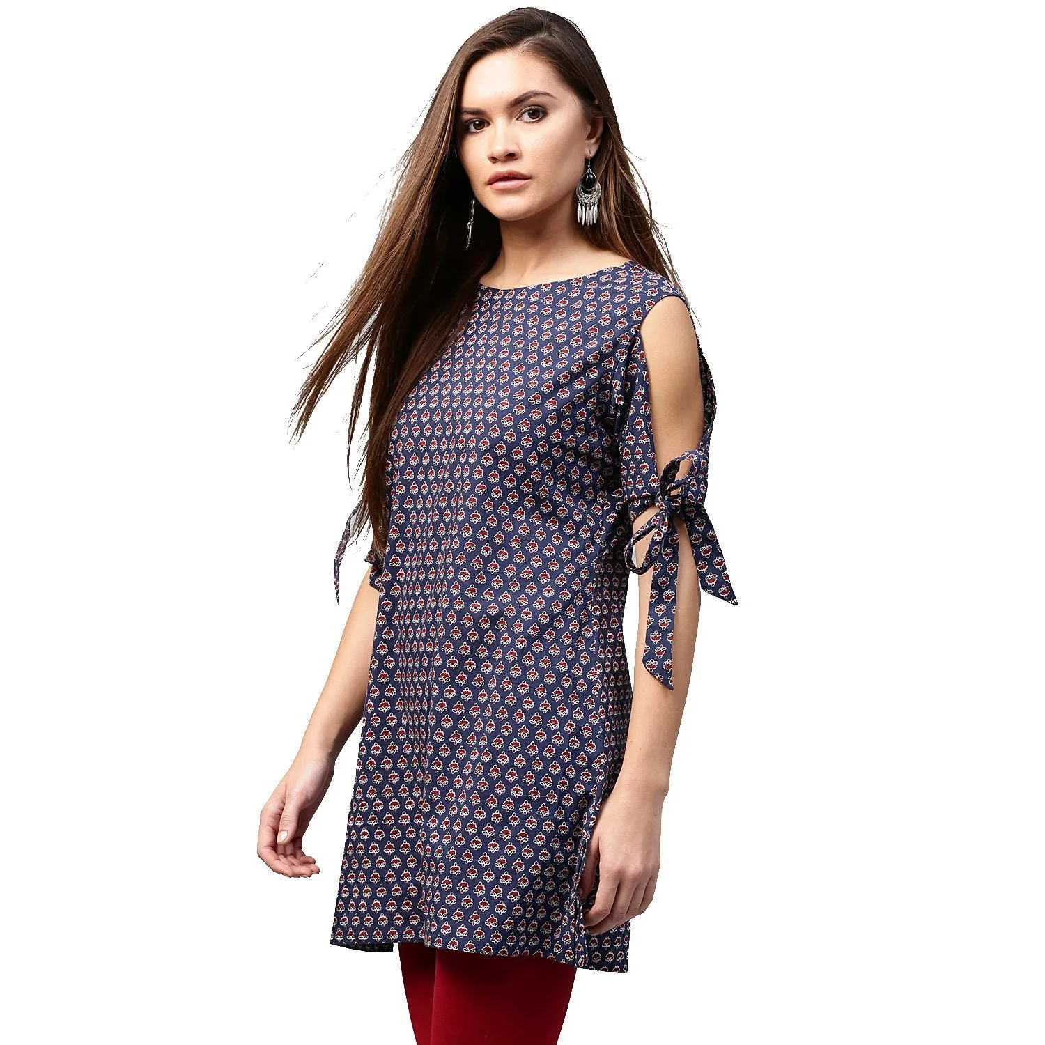 Blue Printed Half Sleeve With Cold Shoulder Cotton Tunic