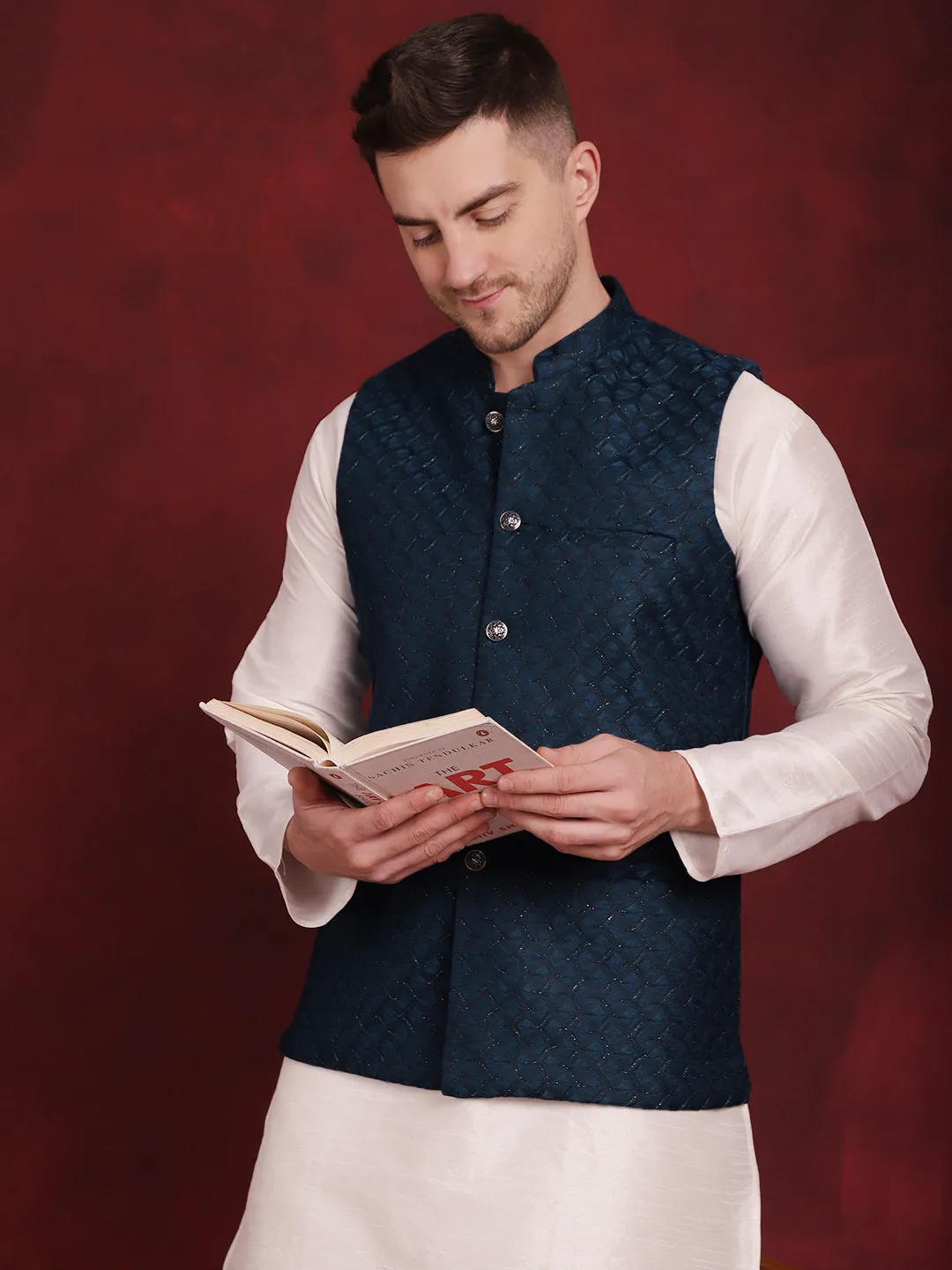 Blue Woven Design Nehru Jacket