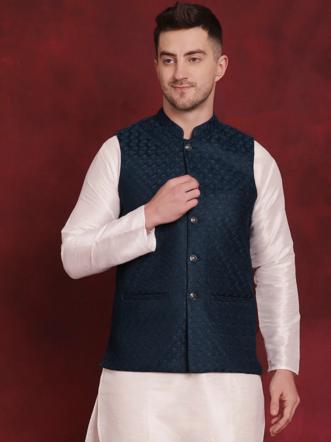 Blue Woven Design Nehru Jacket