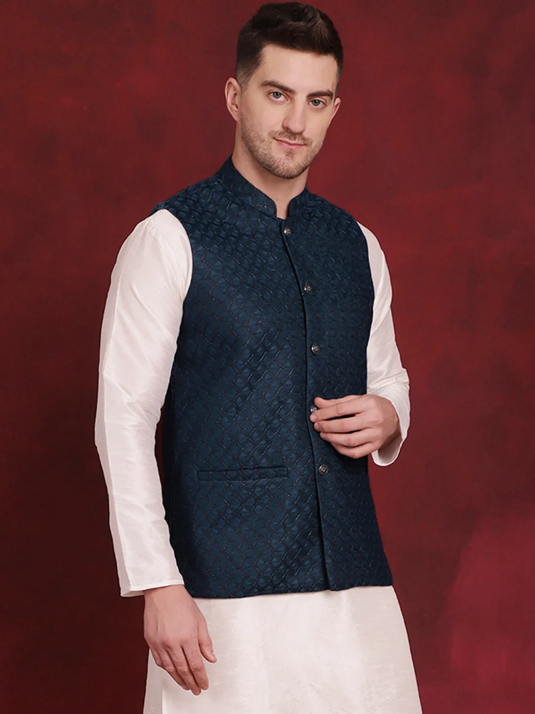 Blue Woven Design Nehru Jacket