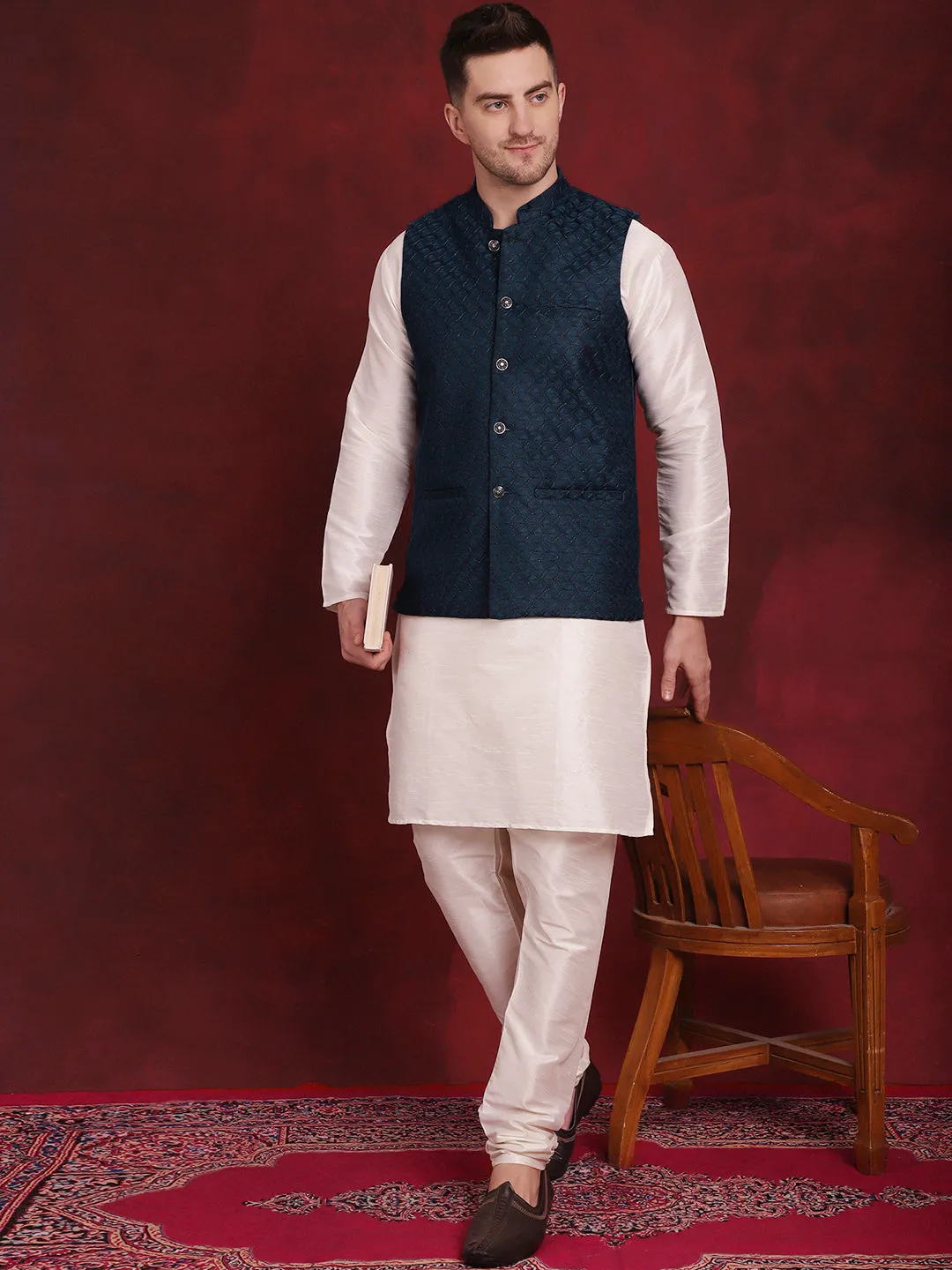 Blue Woven Design Nehru Jacket