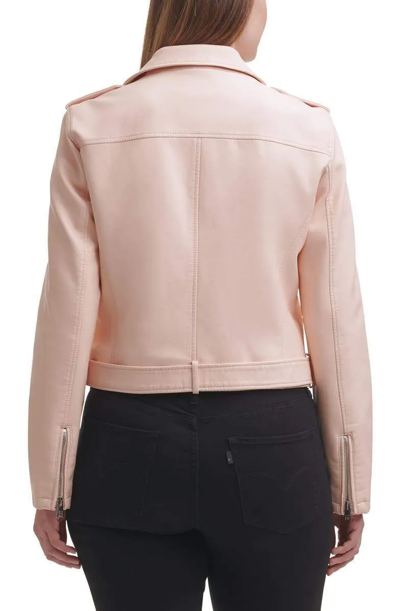 Blush Croc Water Repellent Leather Fashion Belted Moto Jacket