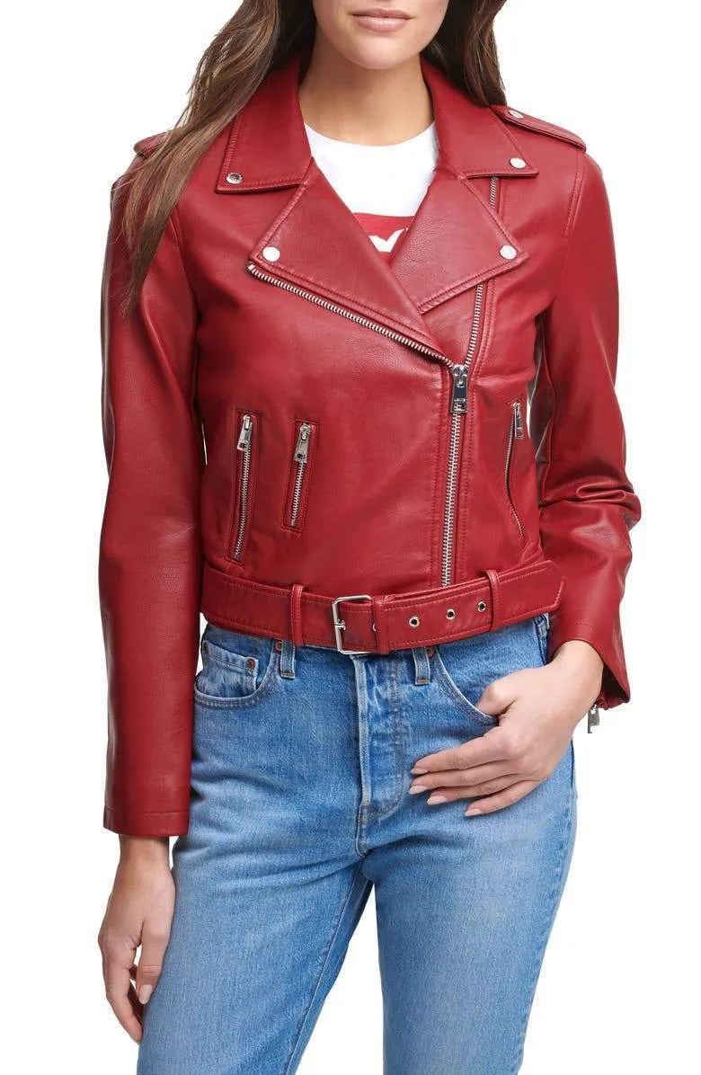 Blush Croc Water Repellent Leather Fashion Belted Moto Jacket