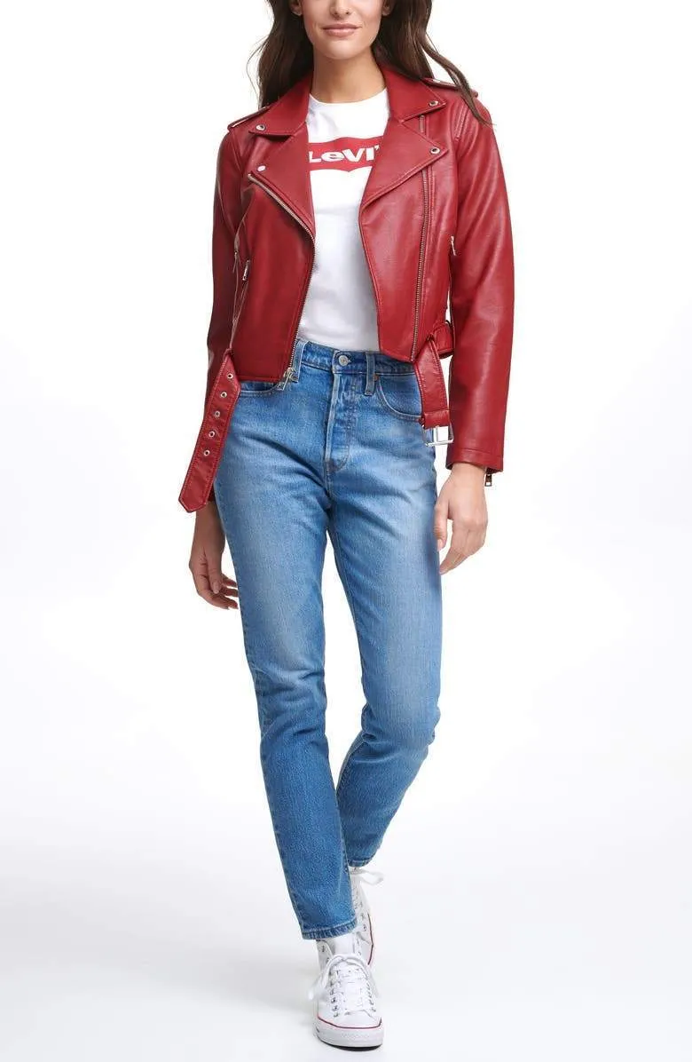 Blush Croc Water Repellent Leather Fashion Belted Moto Jacket