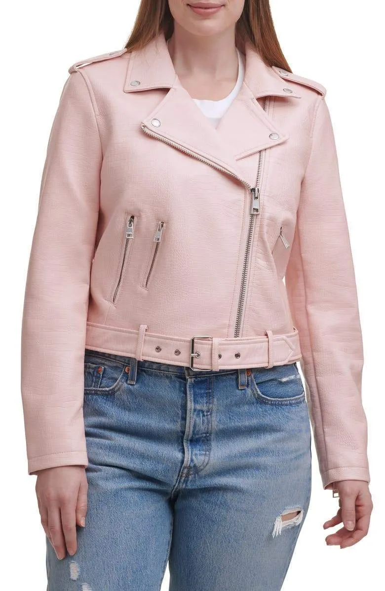 Blush Croc Water Repellent Leather Fashion Belted Moto Jacket