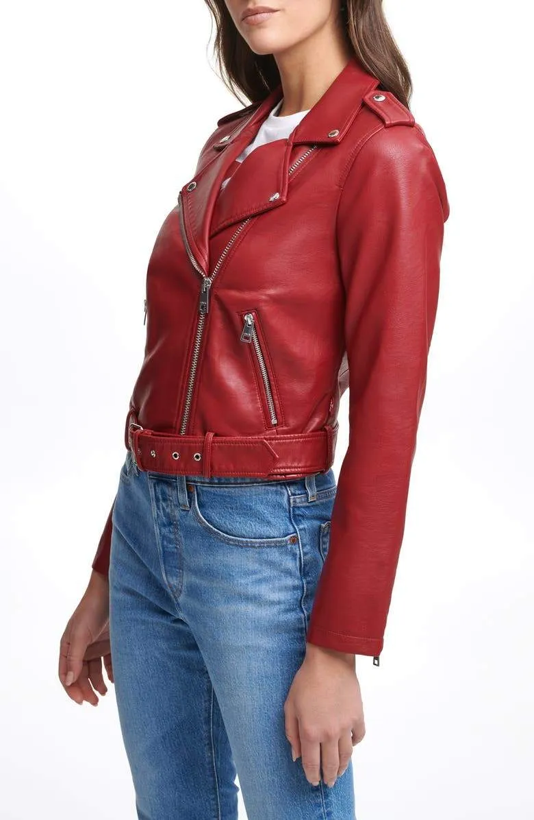 Blush Croc Water Repellent Leather Fashion Belted Moto Jacket