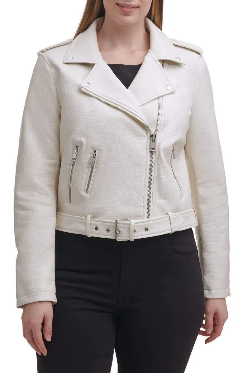 Blush Croc Water Repellent Leather Fashion Belted Moto Jacket