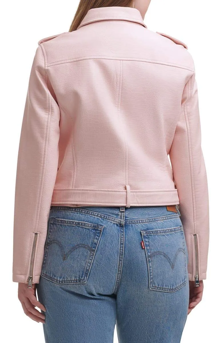 Blush Croc Water Repellent Leather Fashion Belted Moto Jacket